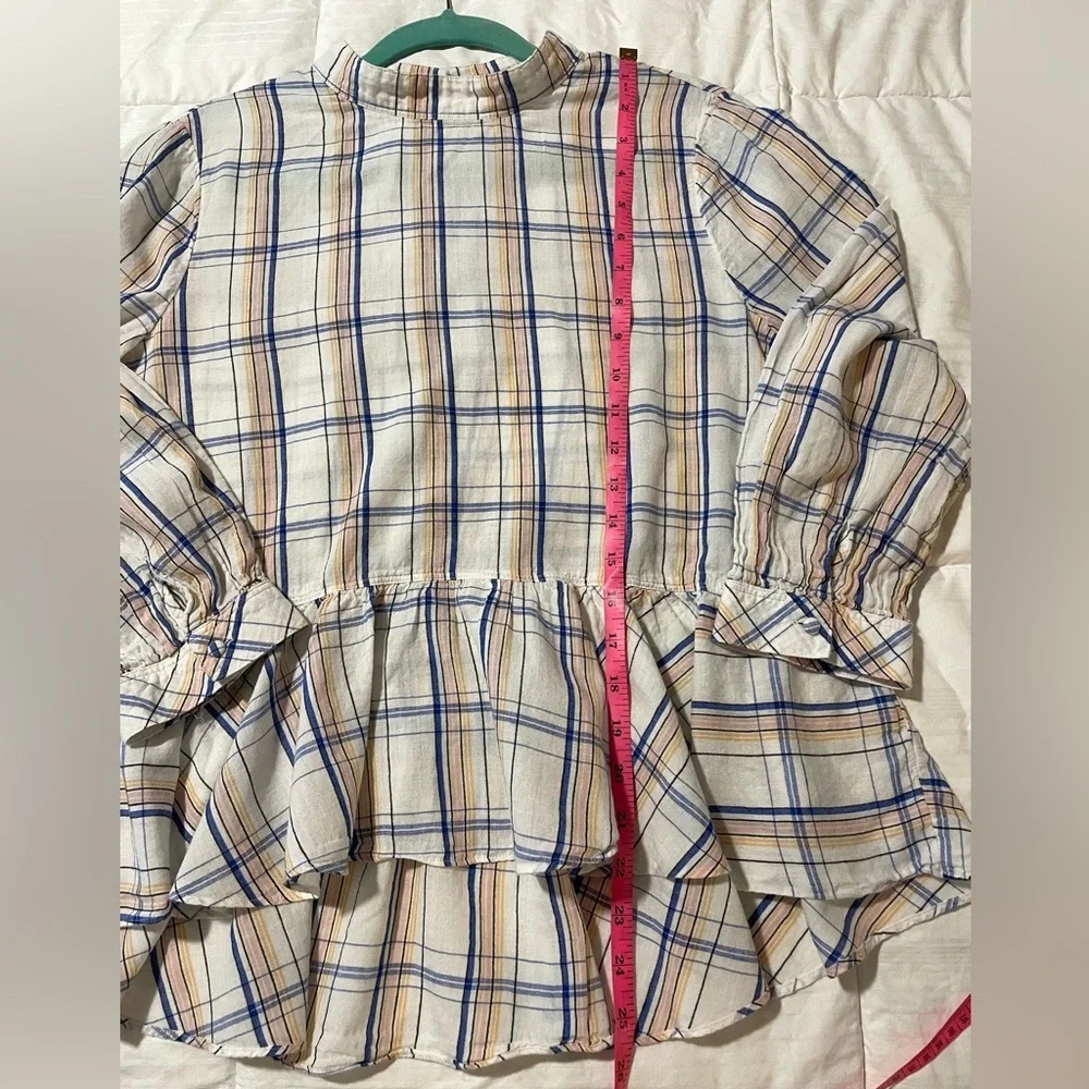 ANTHROPOLOGIE Maeve Plaid Ruffle Blouse Top Long Sleeve High Low Hem SZ 10 EUC - Picture 9 of 10